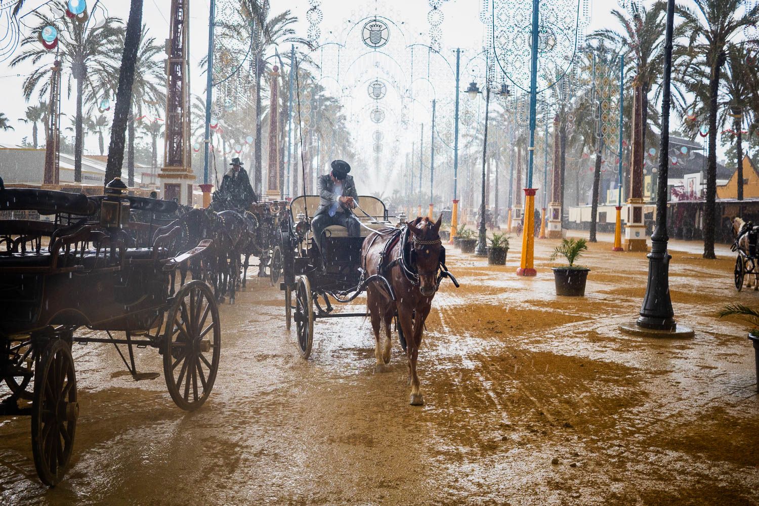 Caballos empapados este viernes de Feria de Jerez.